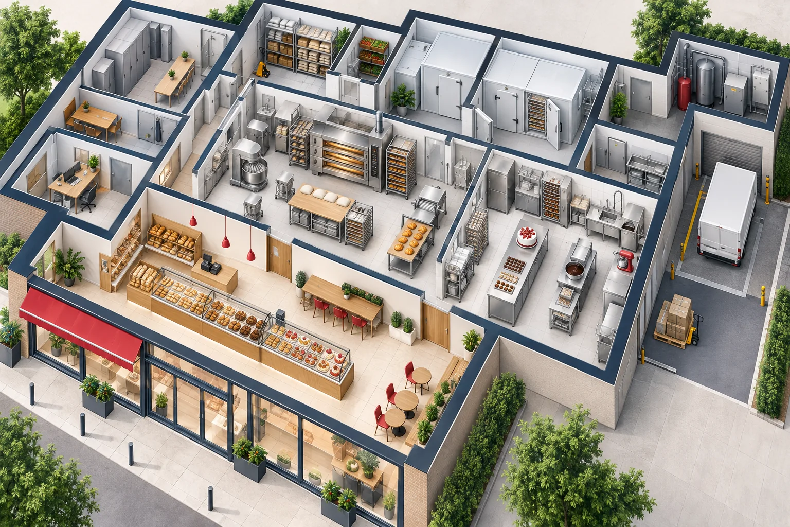 Vue illustrée d’une boulangerie avec magasin, fournils, laboratoires, réserves, chambres froides, bureau, vestiaires et zone de livraison