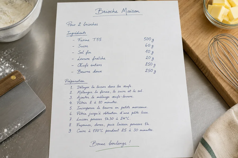 Photo nette et bien cadrée d'une recette de brioche pesée en grammes