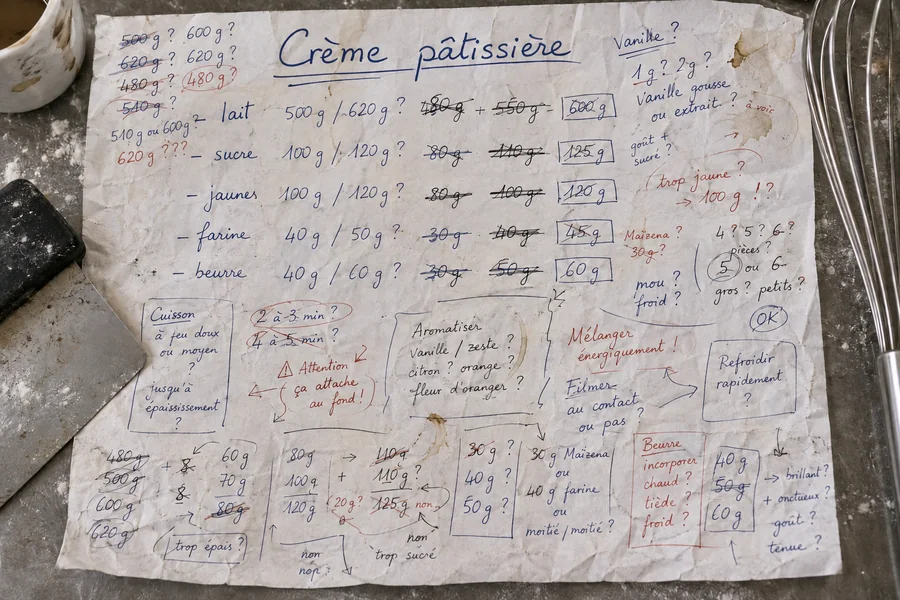 Recette française de crème pâtissière comportant plusieurs quantités corrigées et contradictoires