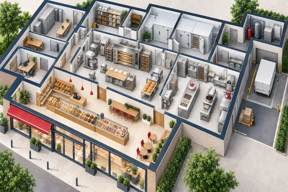 Plan complet d’une boulangerie avec magasin, fournil, laboratoire et réserves