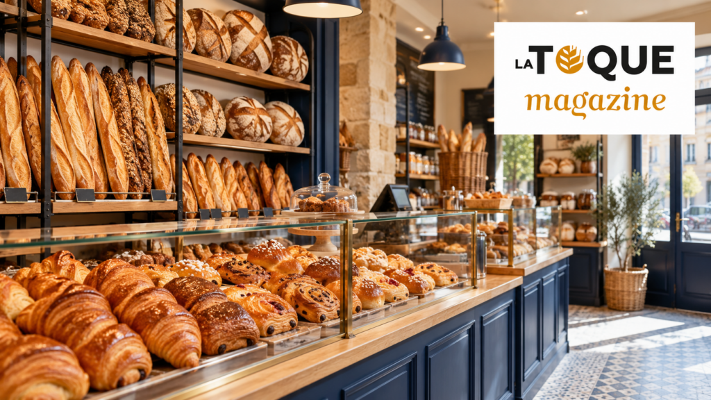 Intérieur d’une boulangerie artisanale avec le logo La Toque Magazine