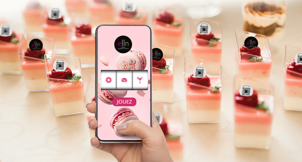 Visuel ELLN Digital : desserts avec pastilles comestibles et QR codes, associés à un jeu sur smartphone