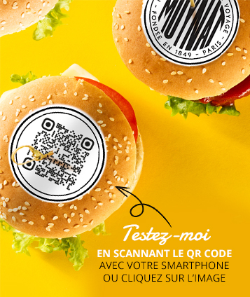 Mini-burgers photographiés avec des pastilles comestibles personnalisées et un QR code ELLN
